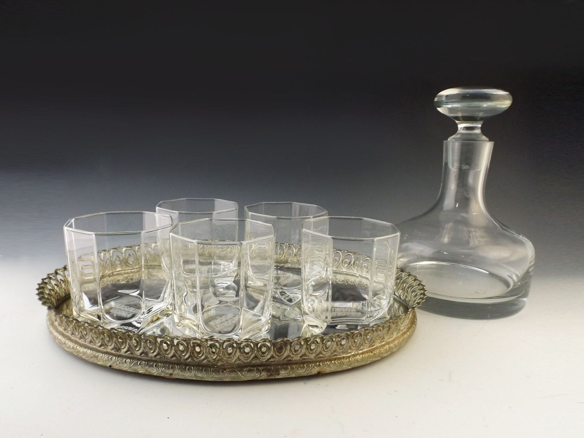 Absolut Vodka Lowball Glasses, Mirrored Tray and Liquor Decanter
