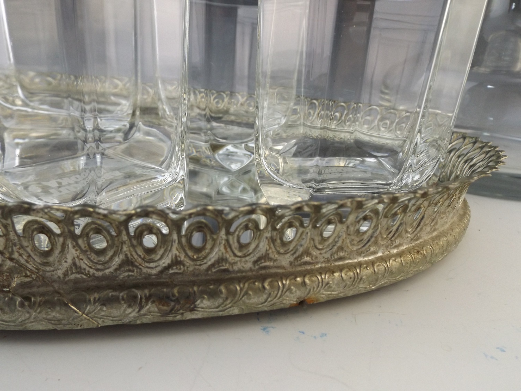 Absolut Vodka Lowball Glasses, Mirrored Tray and Liquor Decanter