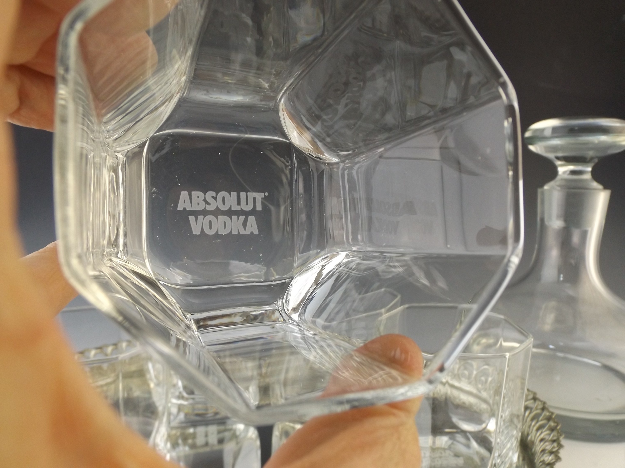 Absolut Vodka Lowball Glasses, Mirrored Tray and Liquor Decanter