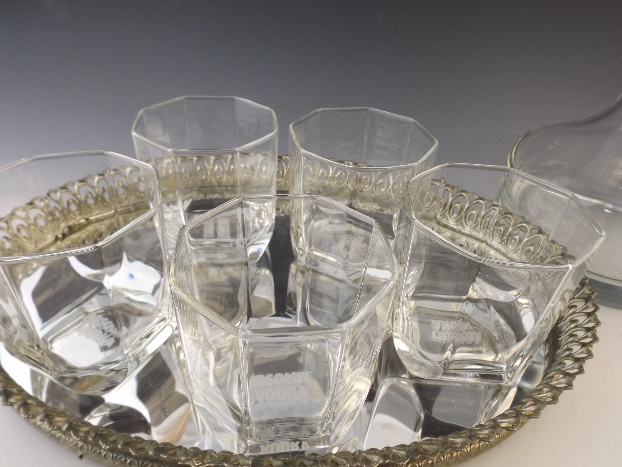 Absolut Vodka Lowball Glasses, Mirrored Tray and Liquor Decanter
