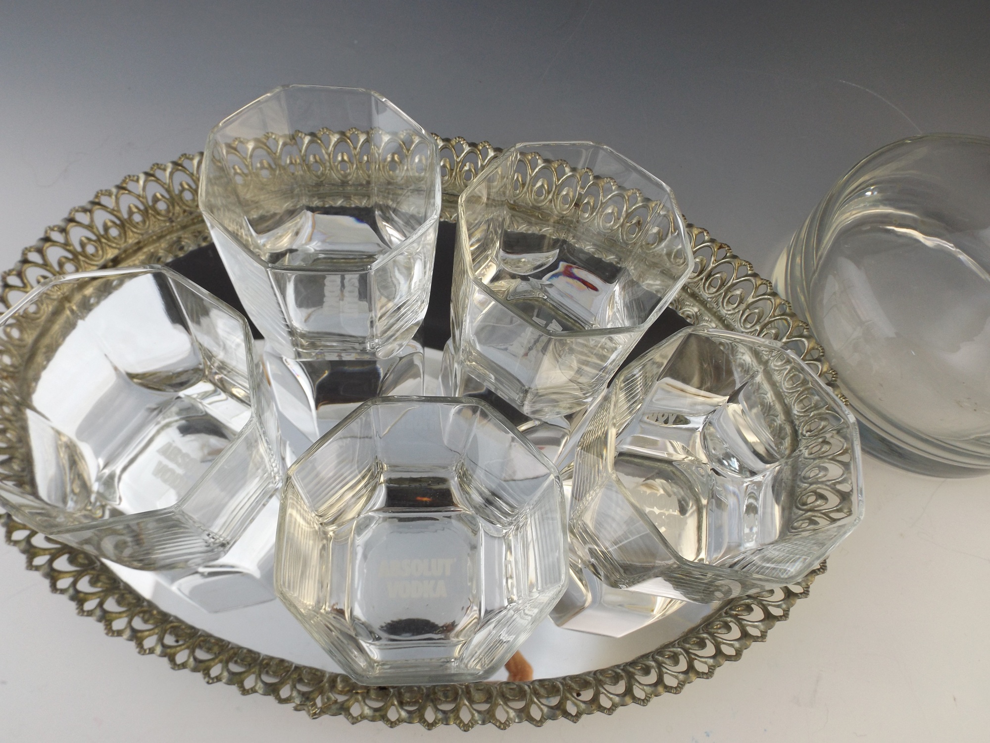 Absolut Vodka Lowball Glasses, Mirrored Tray and Liquor Decanter