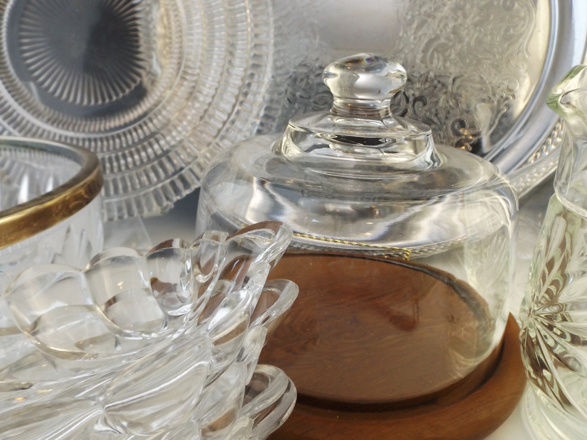 Glassware, Wood and Metal Serving Pieces