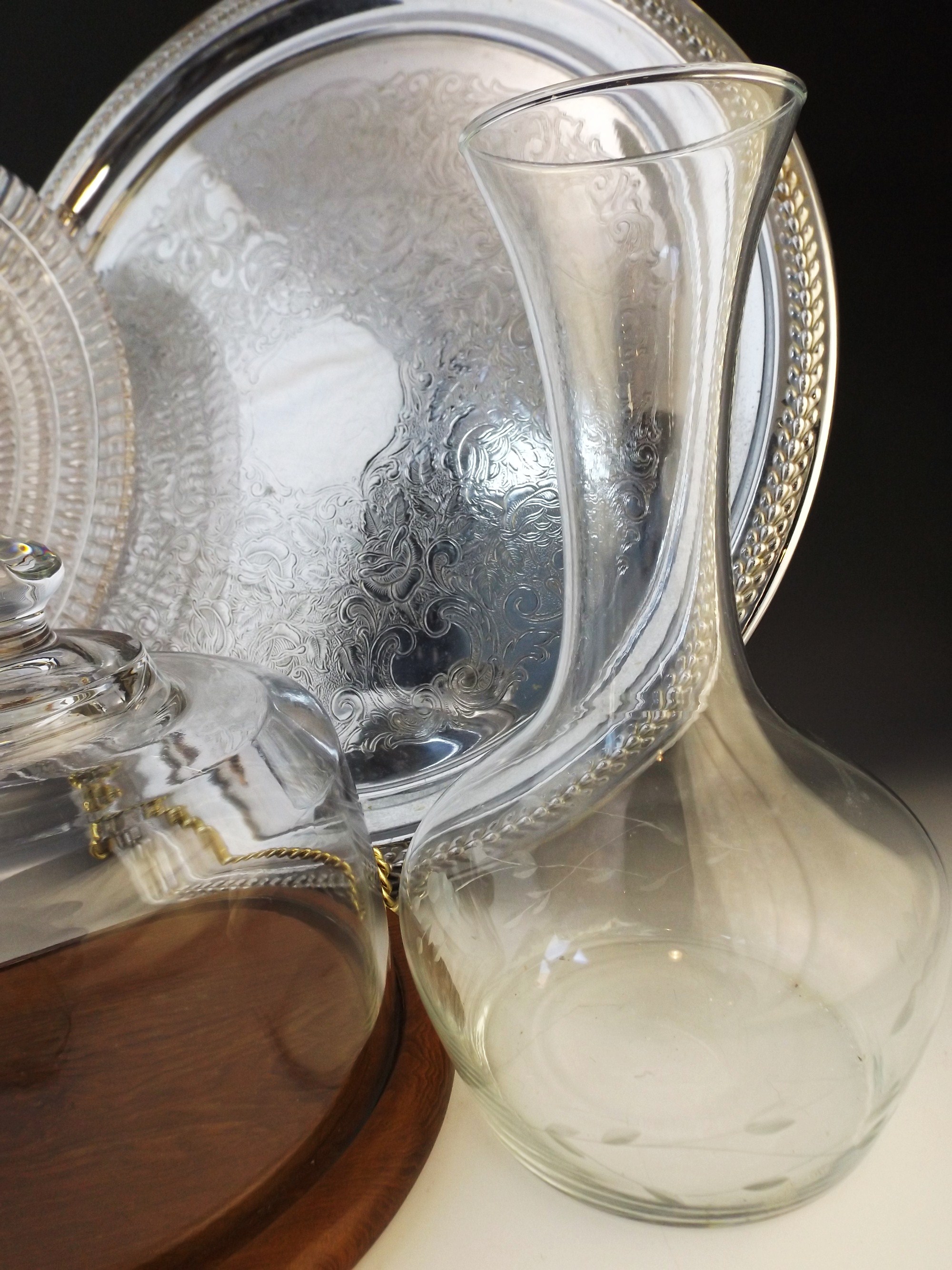 Glassware, Wood and Metal Serving Pieces
