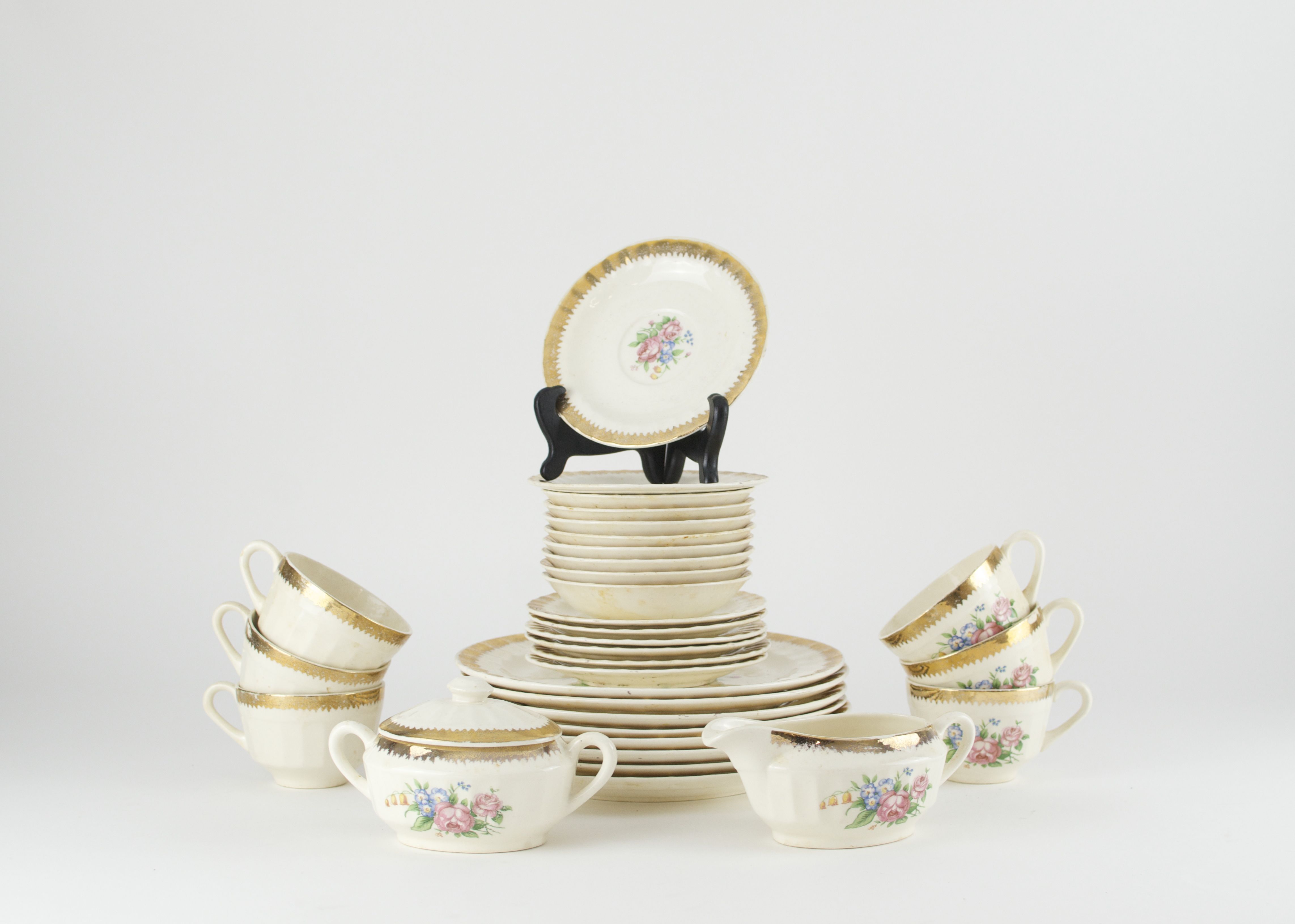 Vintage Dish Set with Rose Pattern