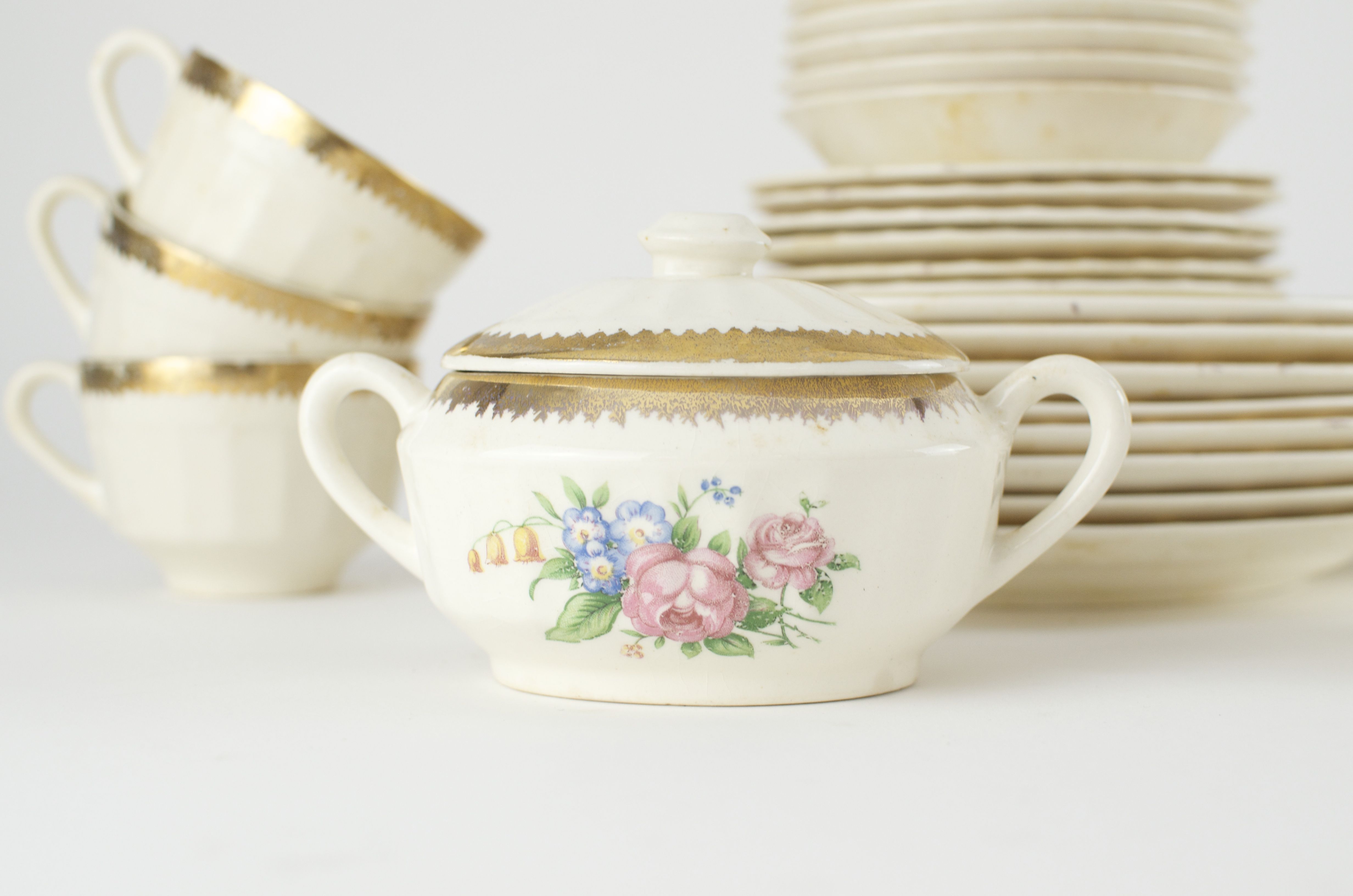 Vintage Dish Set with Rose Pattern