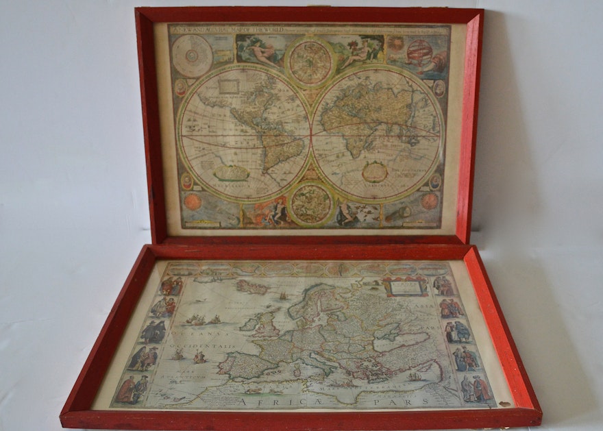 Pair of Framed Vintage Maps of the World