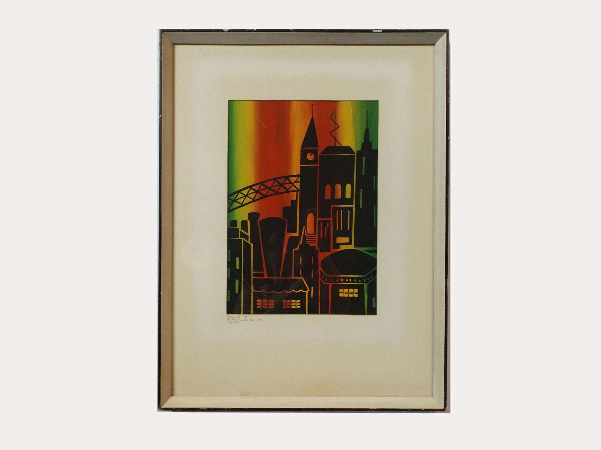 1969 Original Gouache Cityscape, Signed