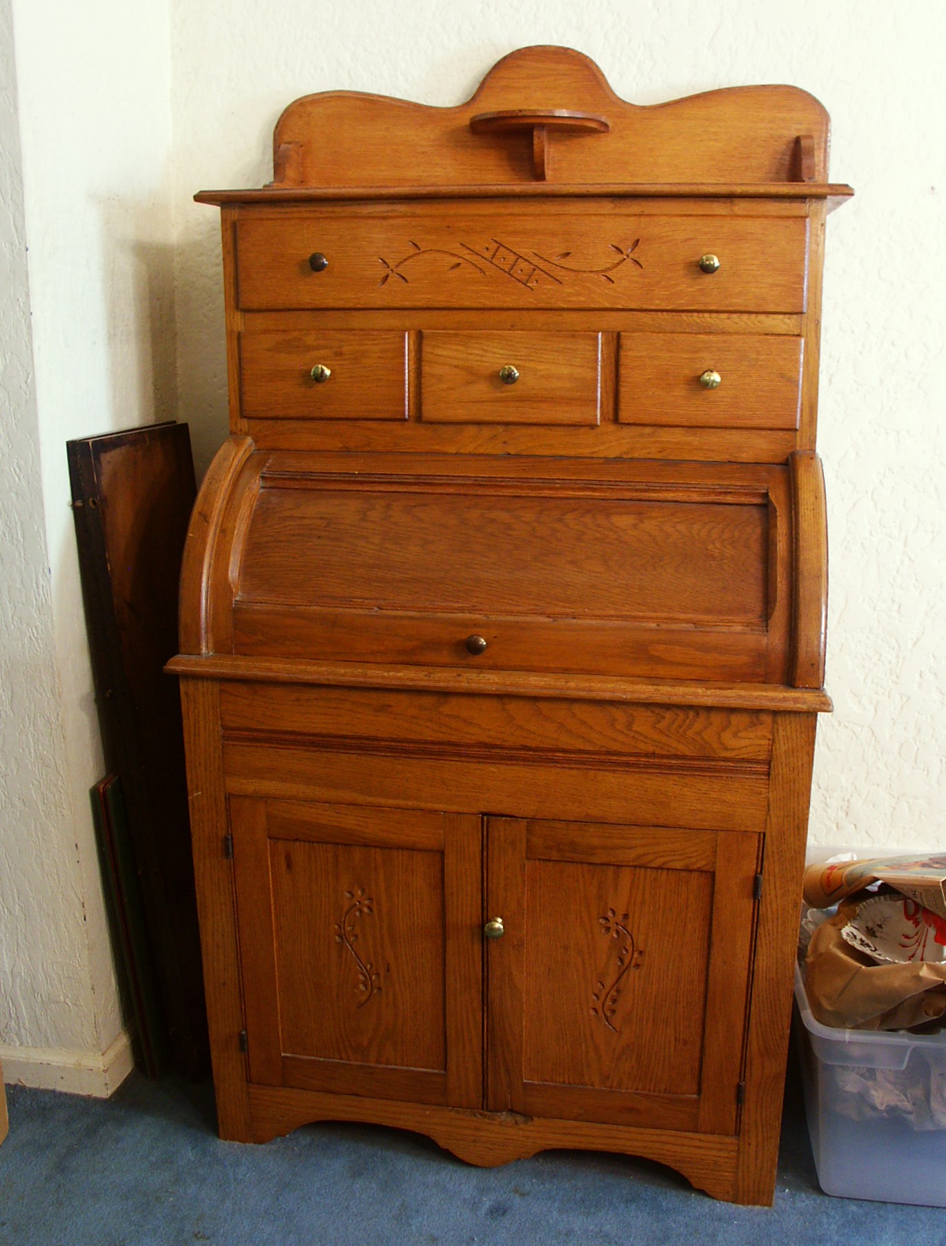 Antique Roll Top Oak Bakers Cabinet