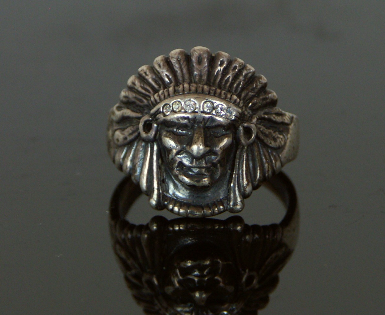 Sterling Silver Indian Head Ring w/Diamonds