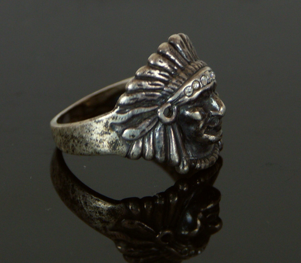 Sterling Silver Indian Head Ring w/Diamonds