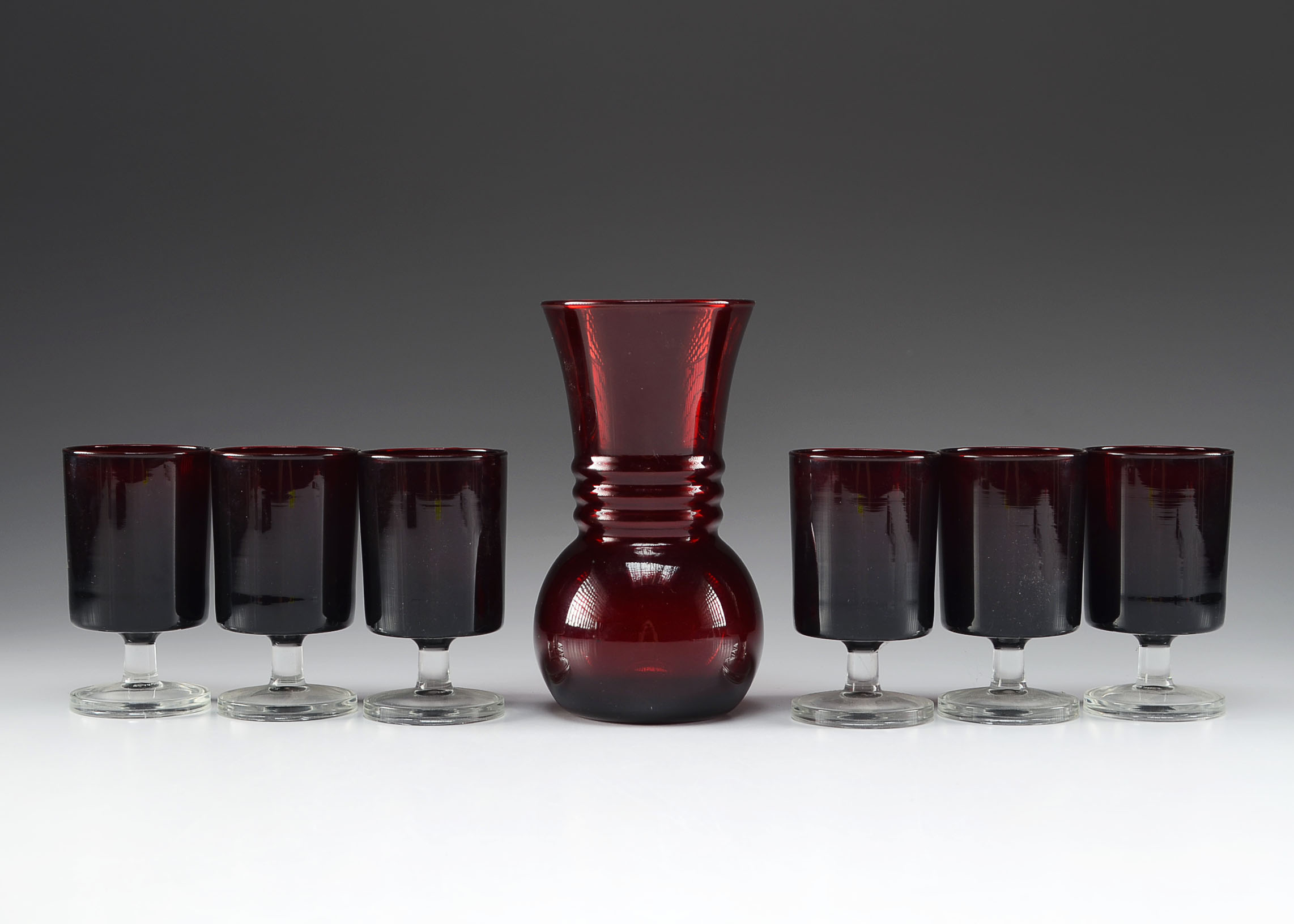 Vintage Red Glass Decanter and Stemmed Glasses