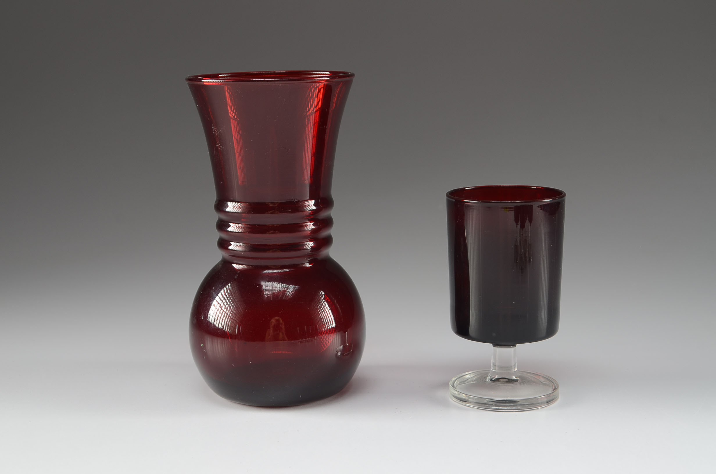 Vintage Red Glass Decanter and Stemmed Glasses