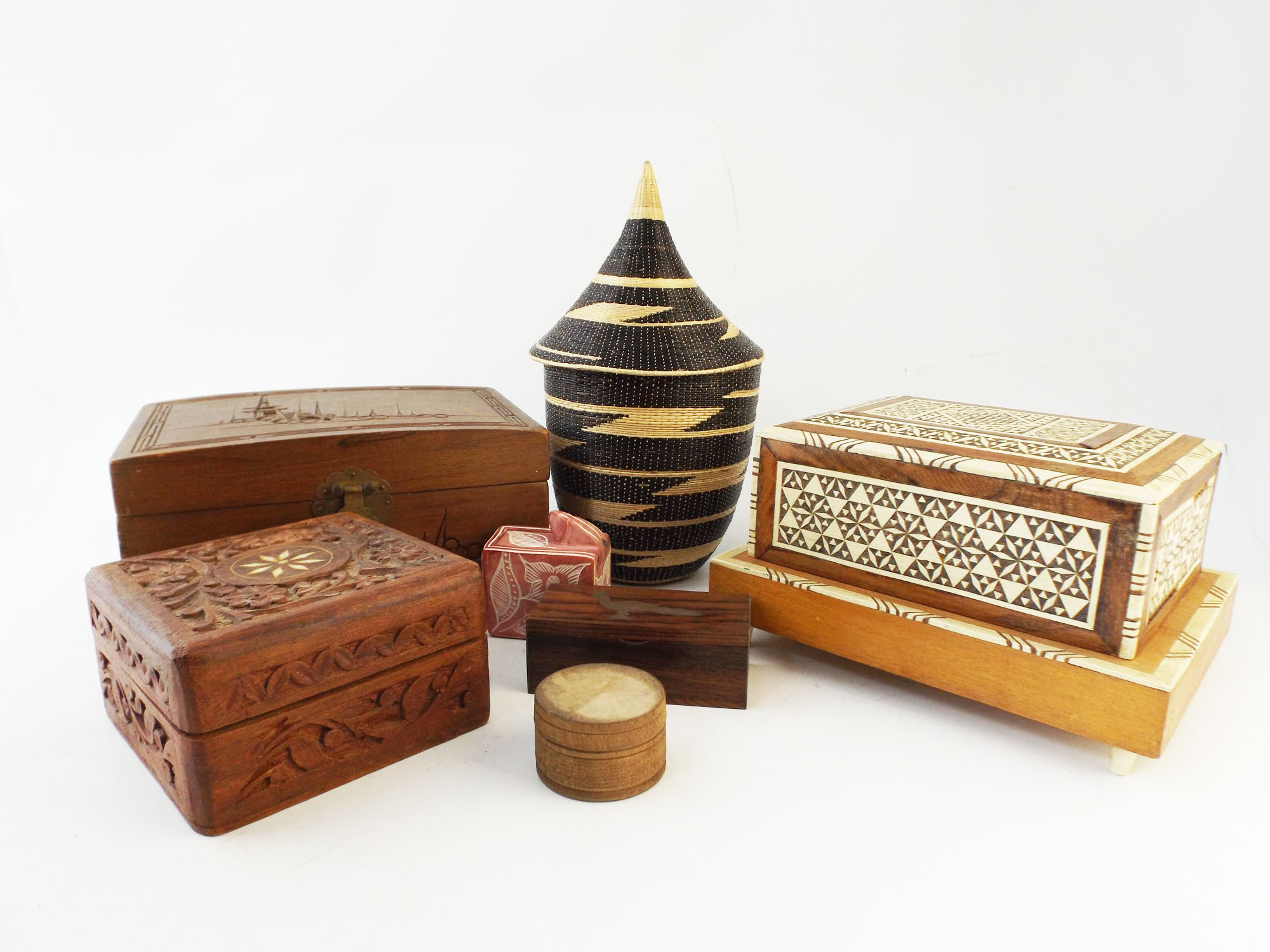 Inlaid Wooden Boxes and Rwandan Woven Basket