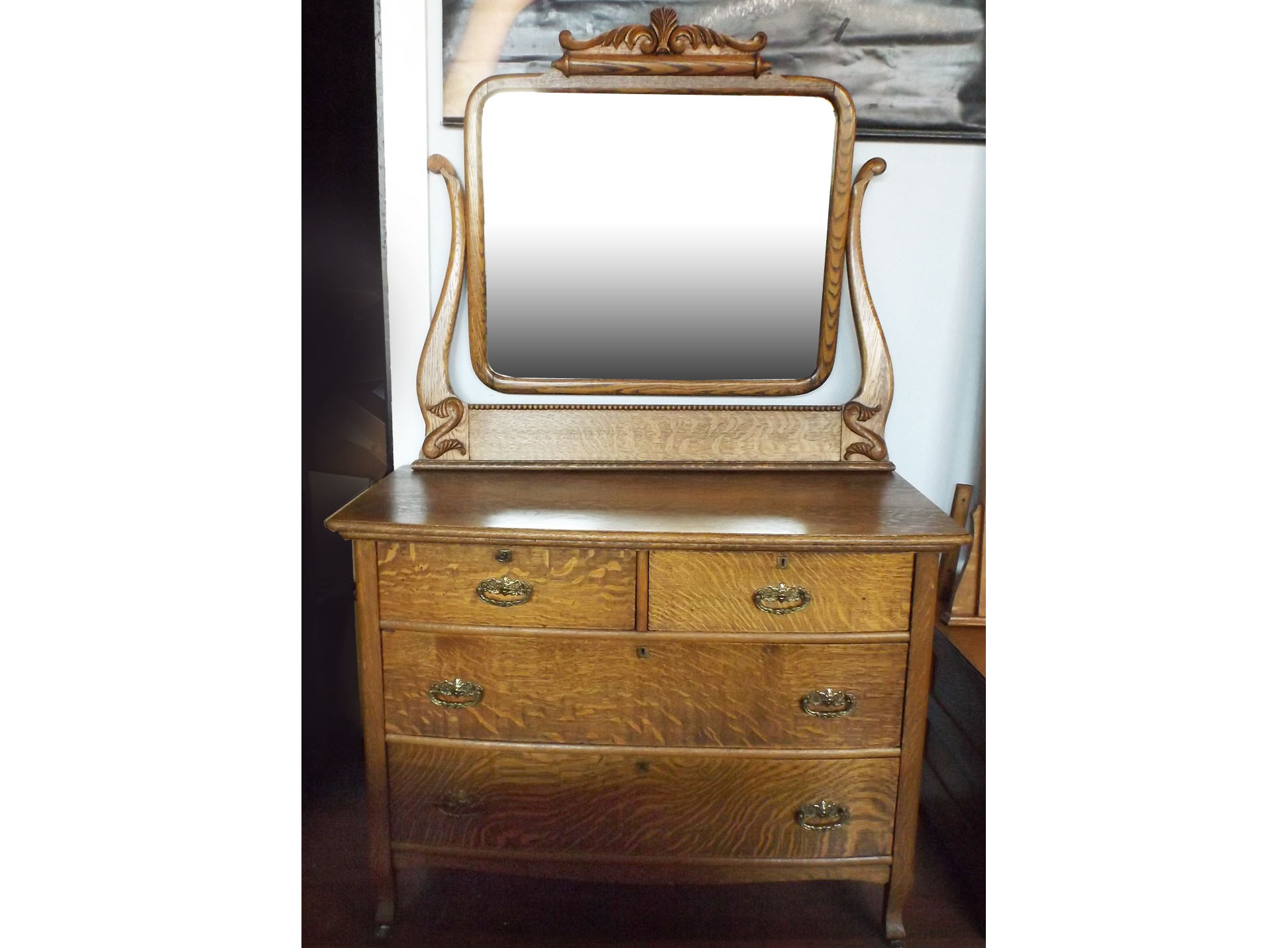 Victorian Golden Oak Wishbone Mirrored Dresser