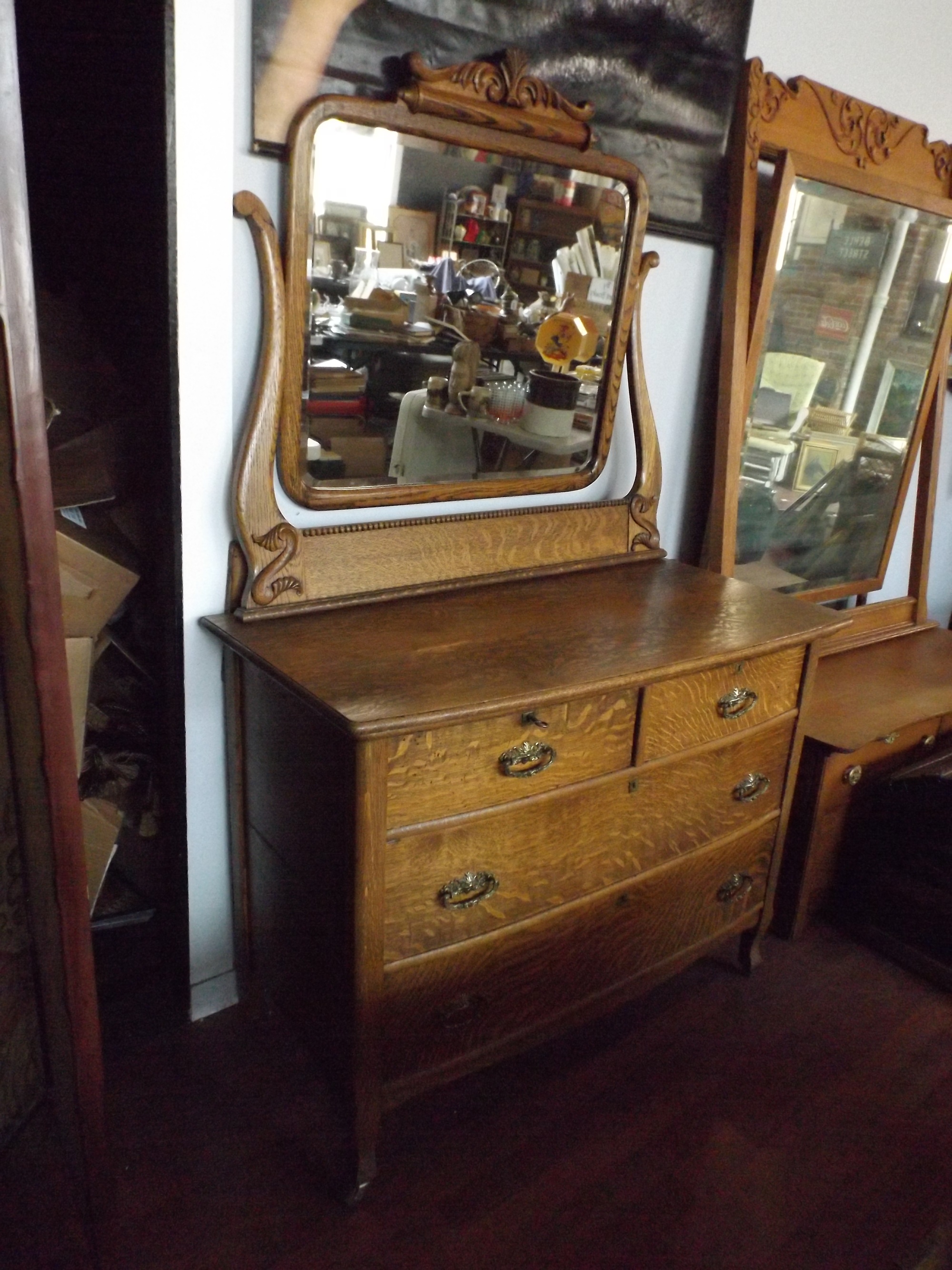 Victorian Golden Oak Wishbone Mirrored Dresser