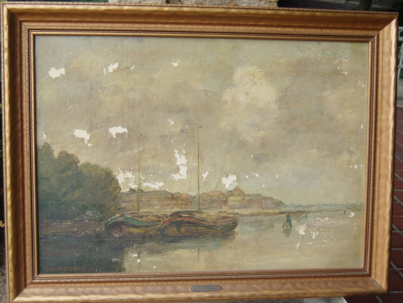 Heinrich Hermanns' Original Oil Painting of Sailboats on Quay