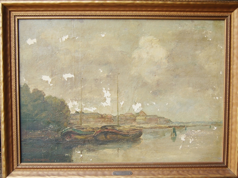 Heinrich Hermanns' Original Oil Painting of Sailboats on Quay