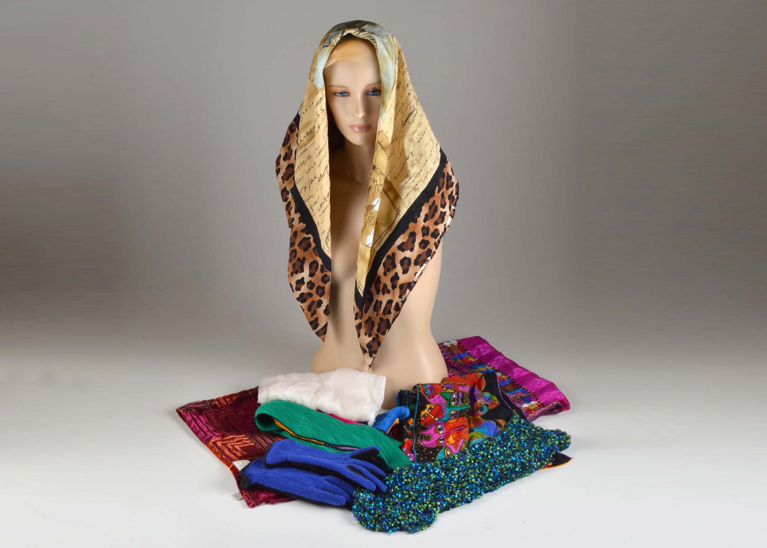 Collection of Eight Silk and Knit Scarves and Henri Bendel Gloves