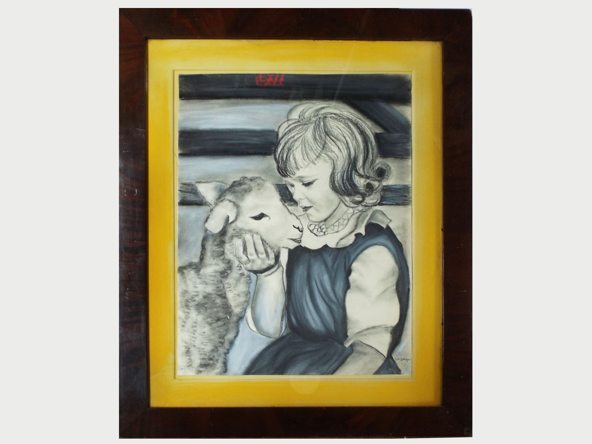 Signed Charcoal Drawing of Girl and Lamb