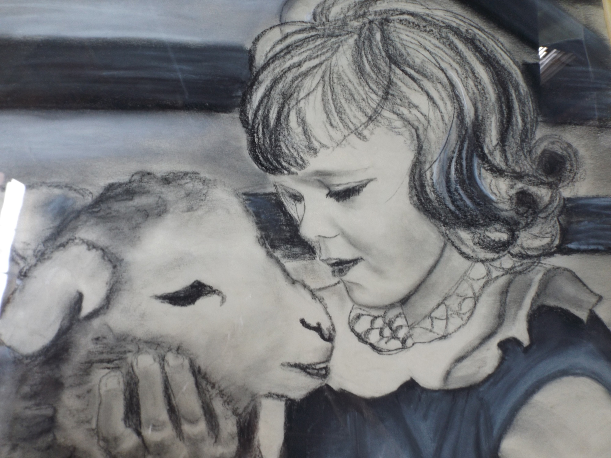 Signed Charcoal Drawing of Girl and Lamb