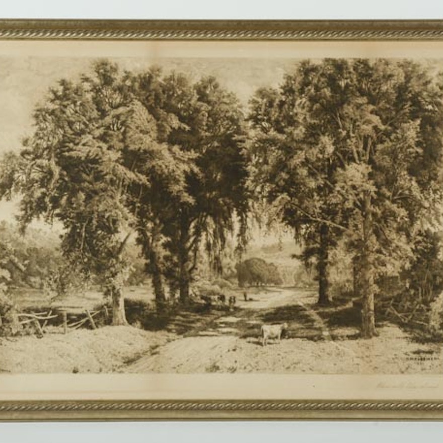 Peter Moran Etching After H.W. Robbins "Where Noble Elms Abound"