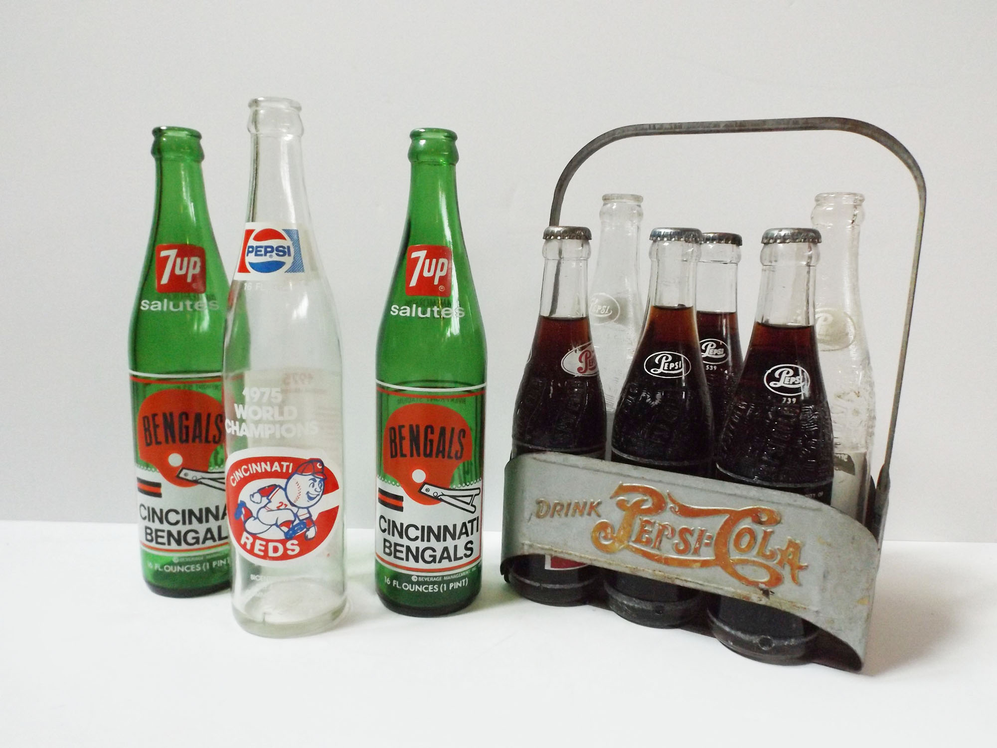 Vintage Pepsi Bottles and Carrier, Bengals and Reds Bottles