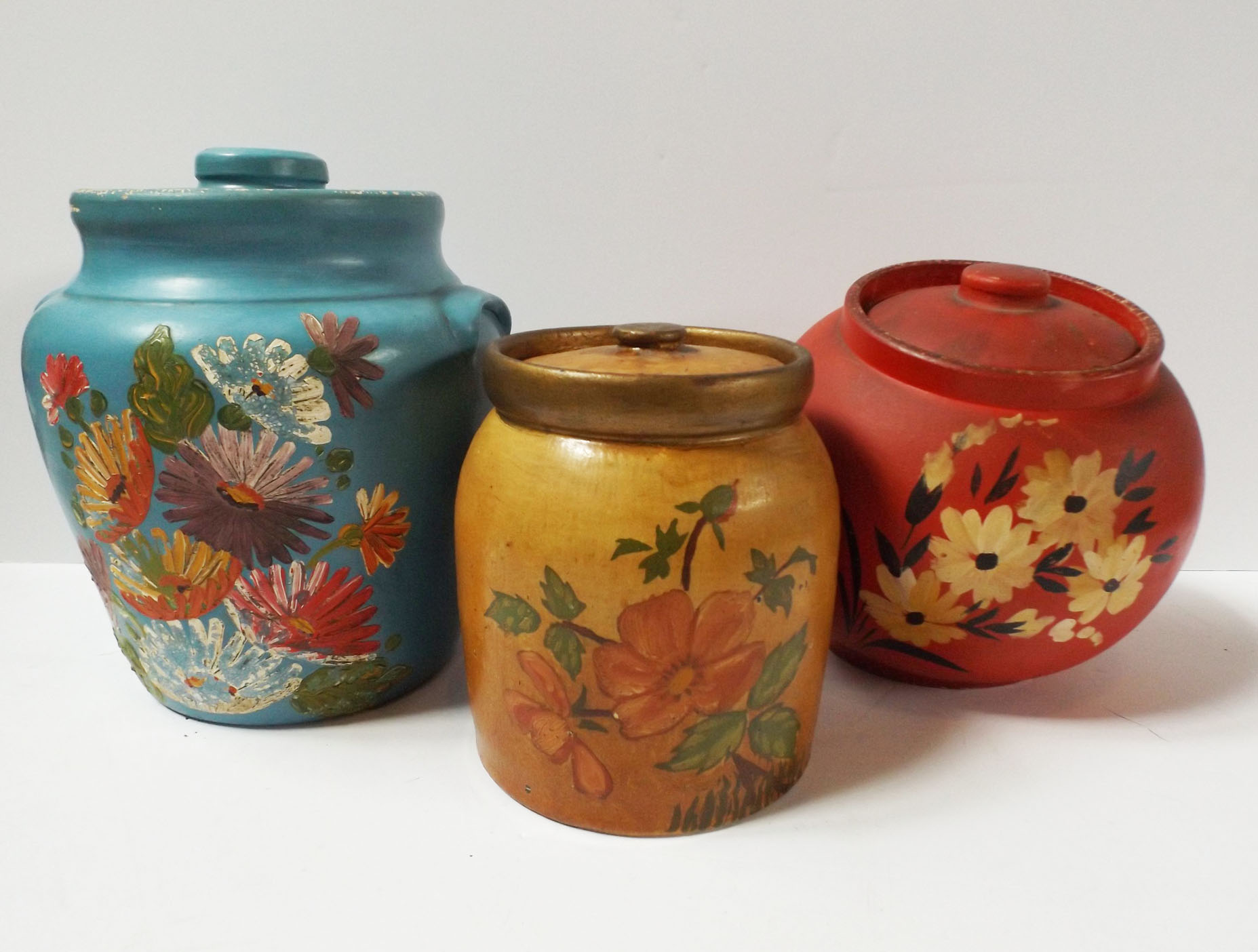 Vintage Floral-Painted Pottery Canisters