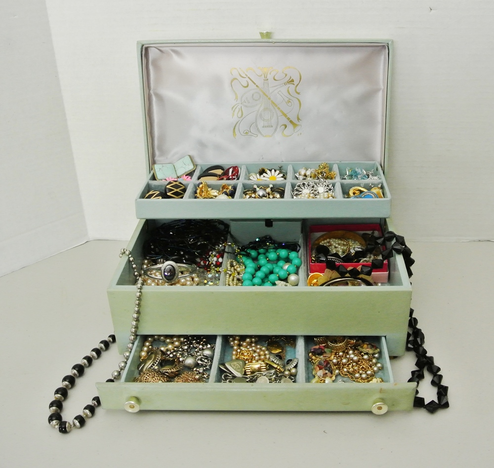 Soft Blue Music Playing Jewelry Box Filled with Jewelry