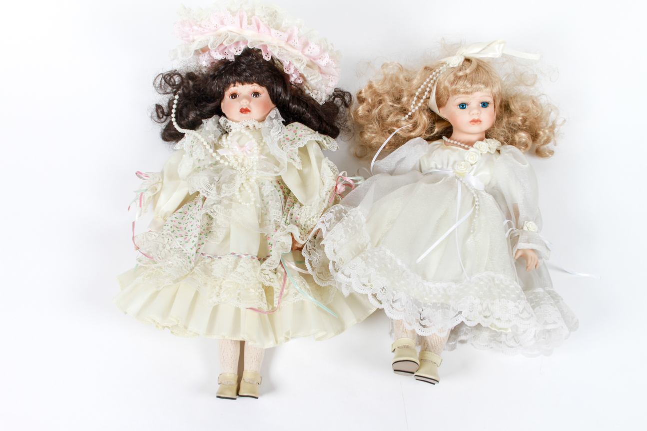Pair of Porcelain Dolls in Lacy White Dresses