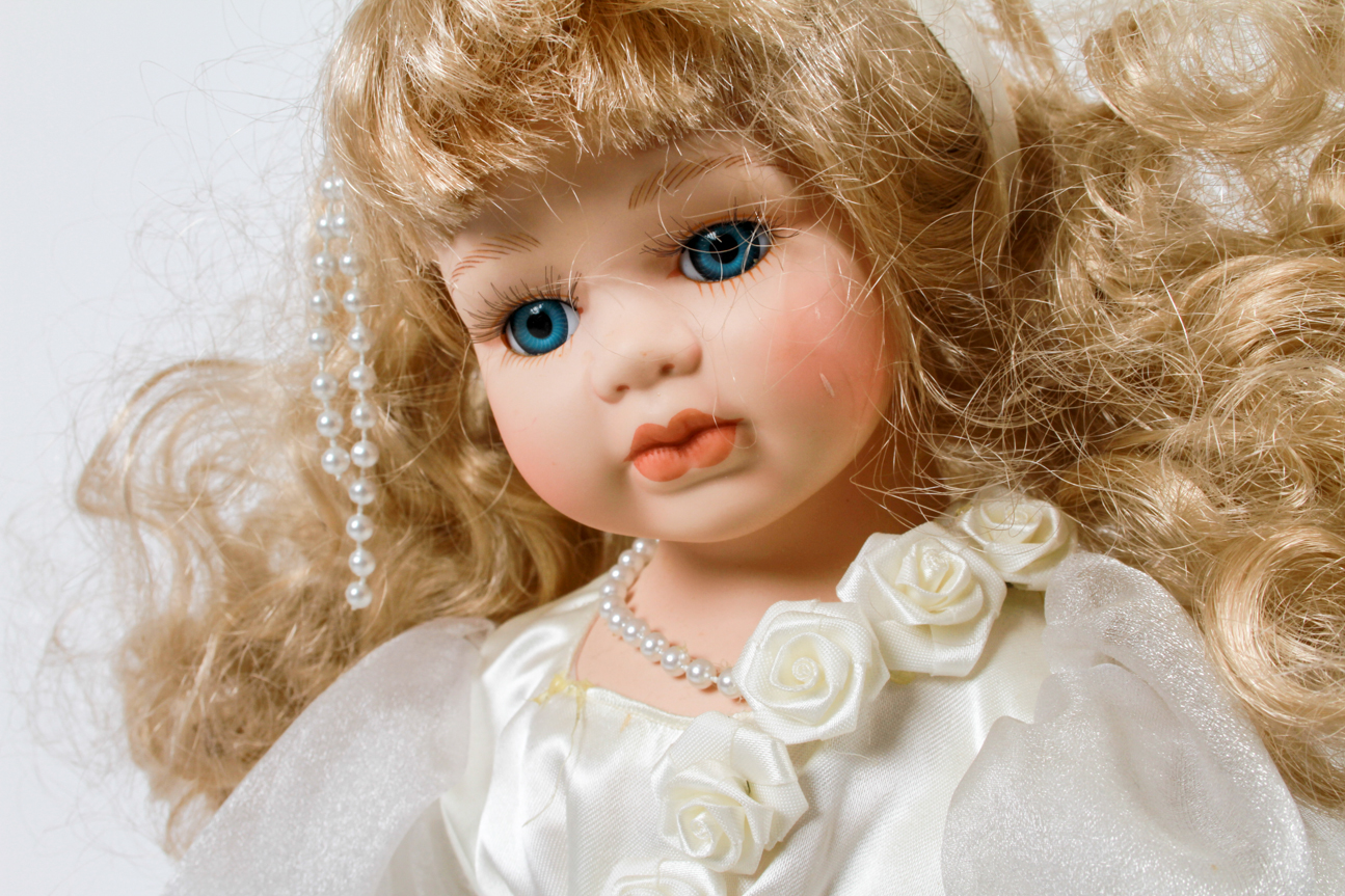 Pair of Porcelain Dolls in Lacy White Dresses