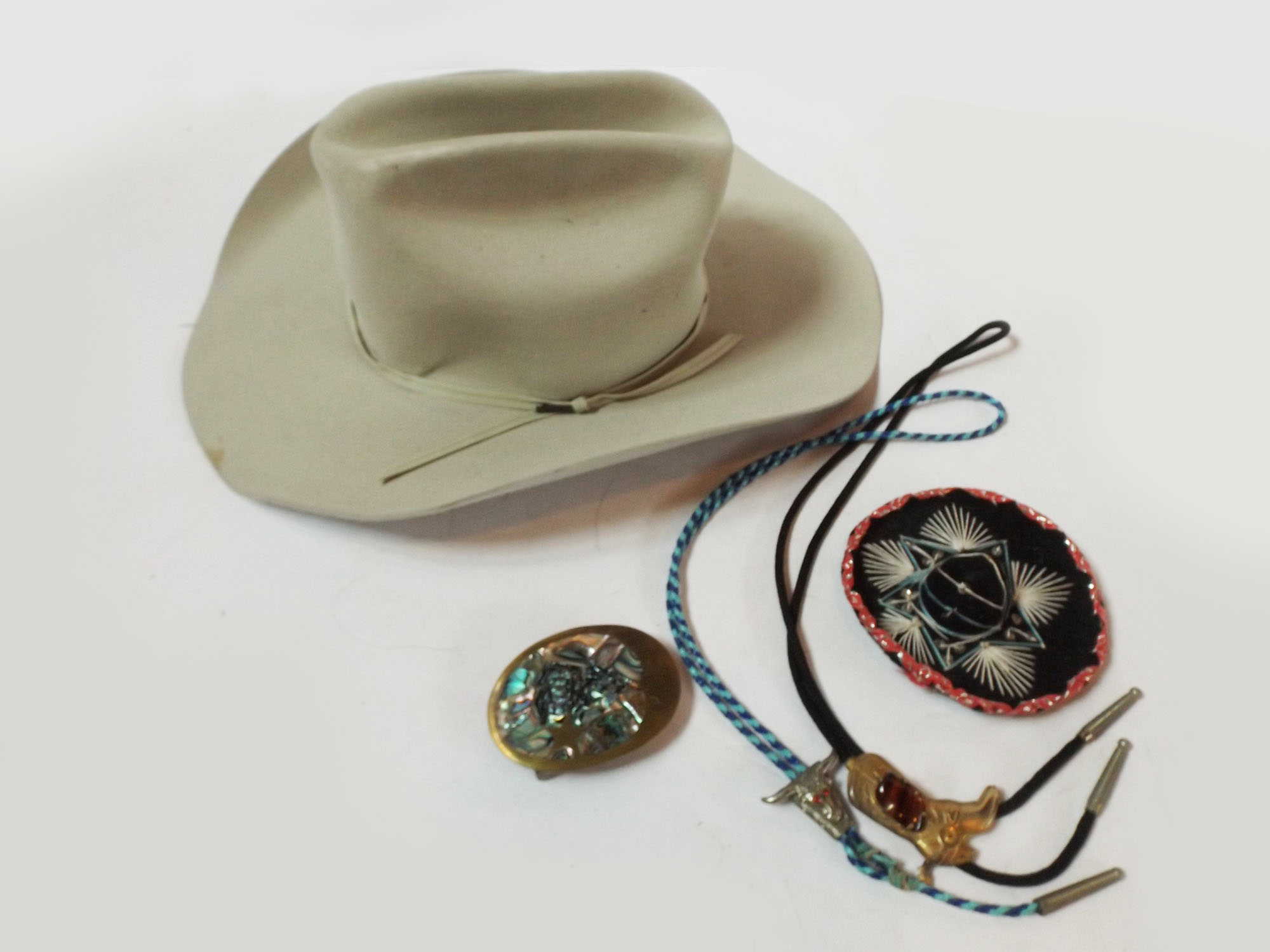 Resistol Beaver Cowboy Hat, Mexican Abalone Buckle, Bolo Ties