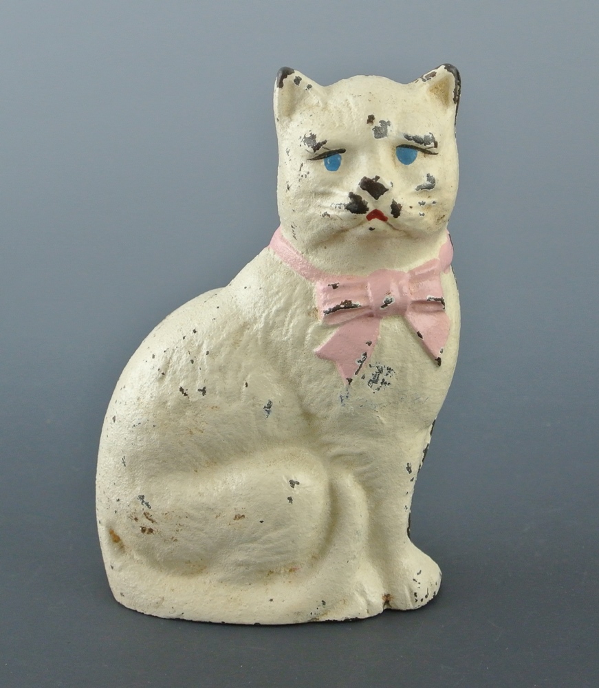 Vintage Cast Iron Kitten Bank With Blue Eyes & Pink Ribbon