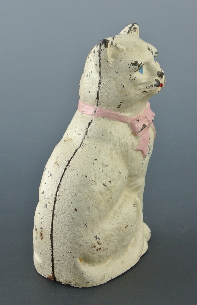Vintage Cast Iron Kitten Bank With Blue Eyes & Pink Ribbon