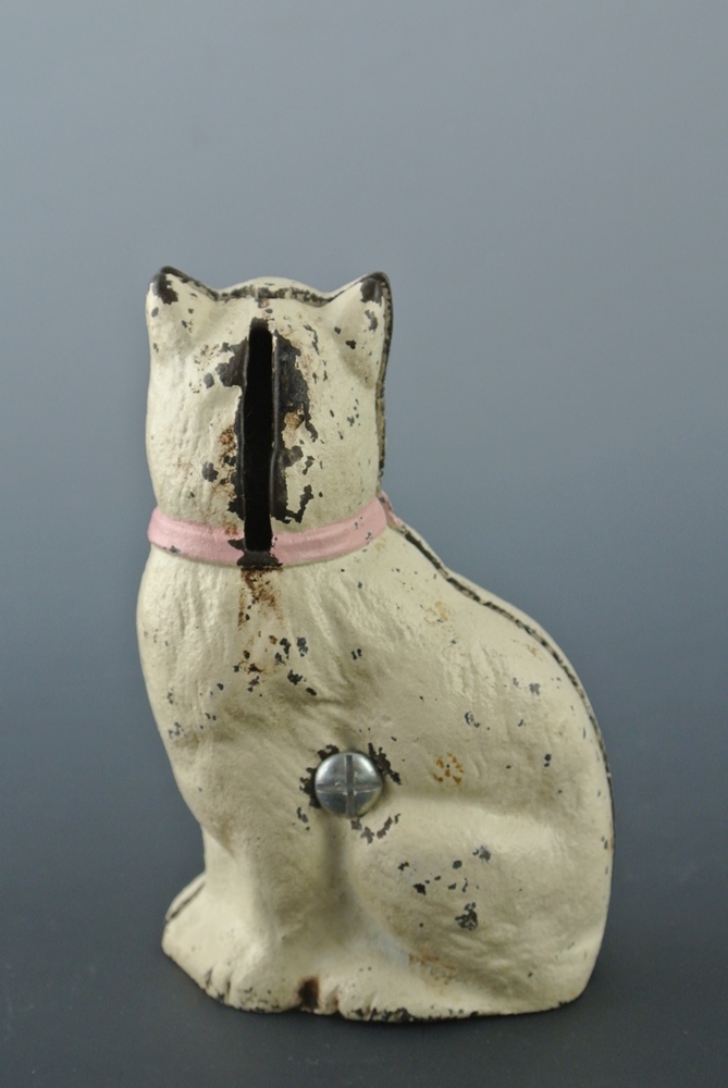 Vintage Cast Iron Kitten Bank With Blue Eyes & Pink Ribbon