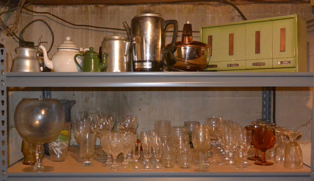 Large Lot of Drinking Glasses and Coffee Pots