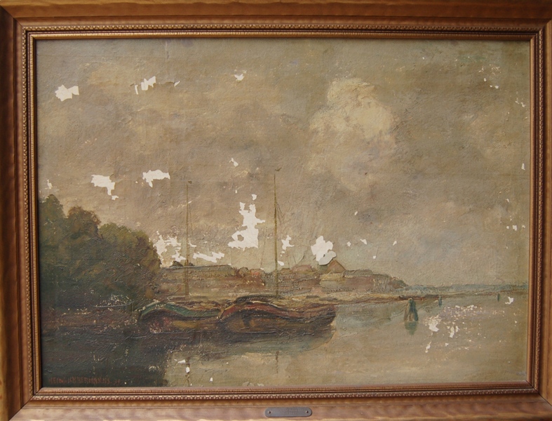 Heinrich Hermanns' Original Oil Painting of Sailboats on Quay