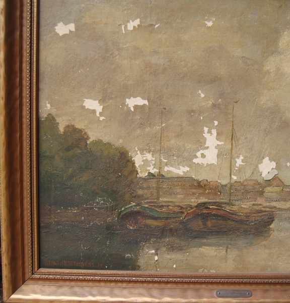 Heinrich Hermanns' Original Oil Painting of Sailboats on Quay