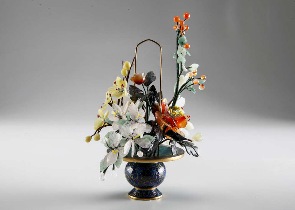 Vintage Chinese Jade Stone Floral Arrangement in Cloisonne Pot