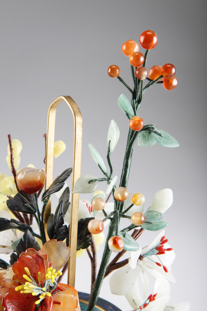 Vintage Chinese Jade Stone Floral Arrangement in Cloisonne Pot