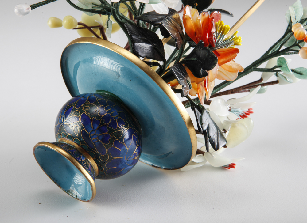 Vintage Chinese Jade Stone Floral Arrangement in Cloisonne Pot