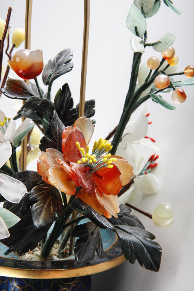 Vintage Chinese Jade Stone Floral Arrangement in Cloisonne Pot