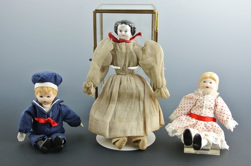 Antique Porcelain Head Small Doll & Two Modern Children