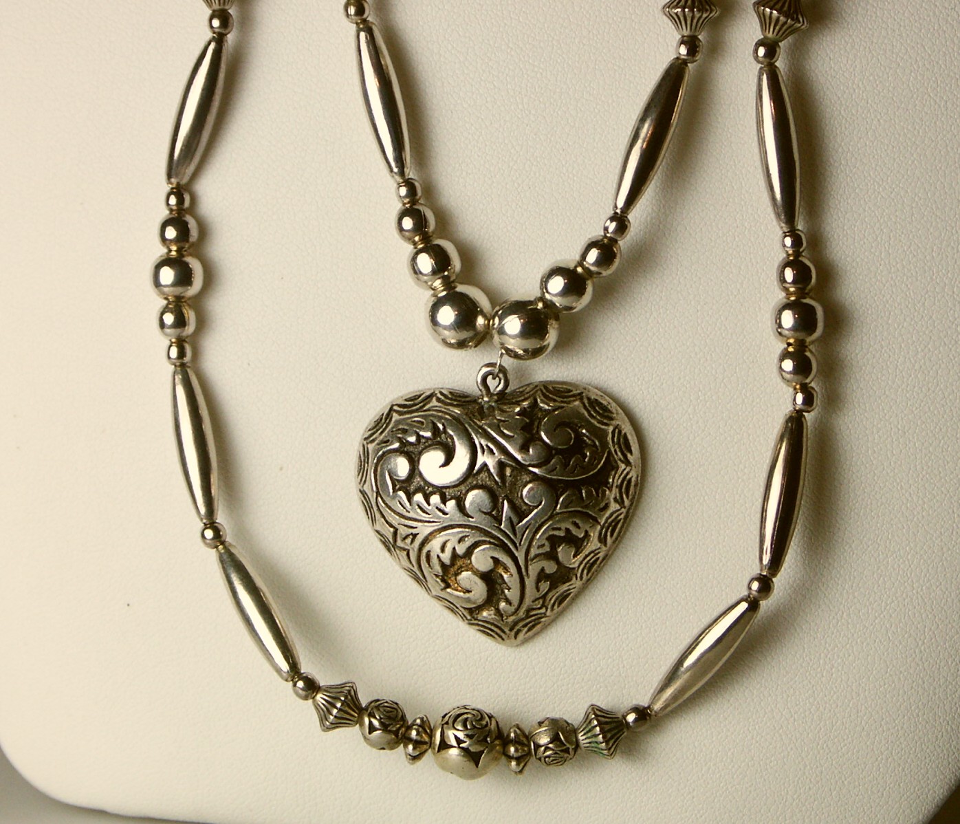 Silver-Tone Filigree Heart Pendant on Beaded Necklace w/ Bracelet