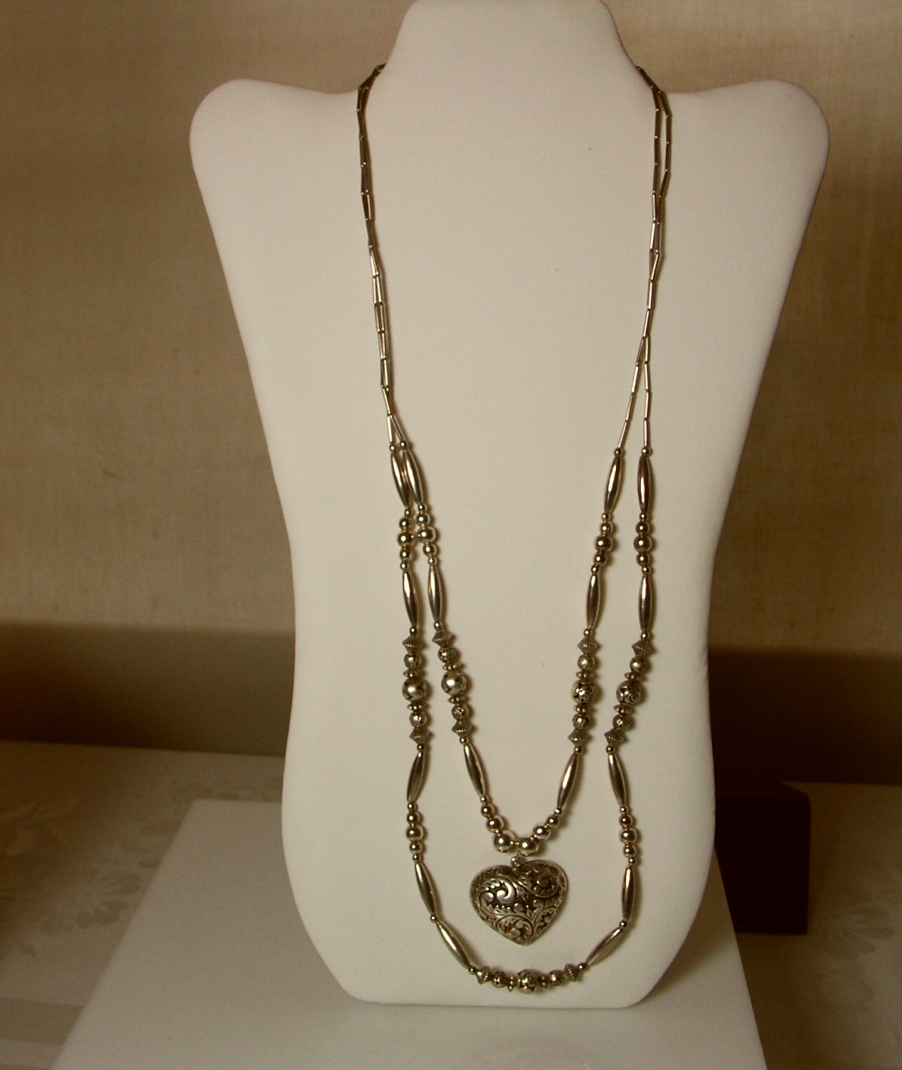 Silver-Tone Filigree Heart Pendant on Beaded Necklace w/ Bracelet