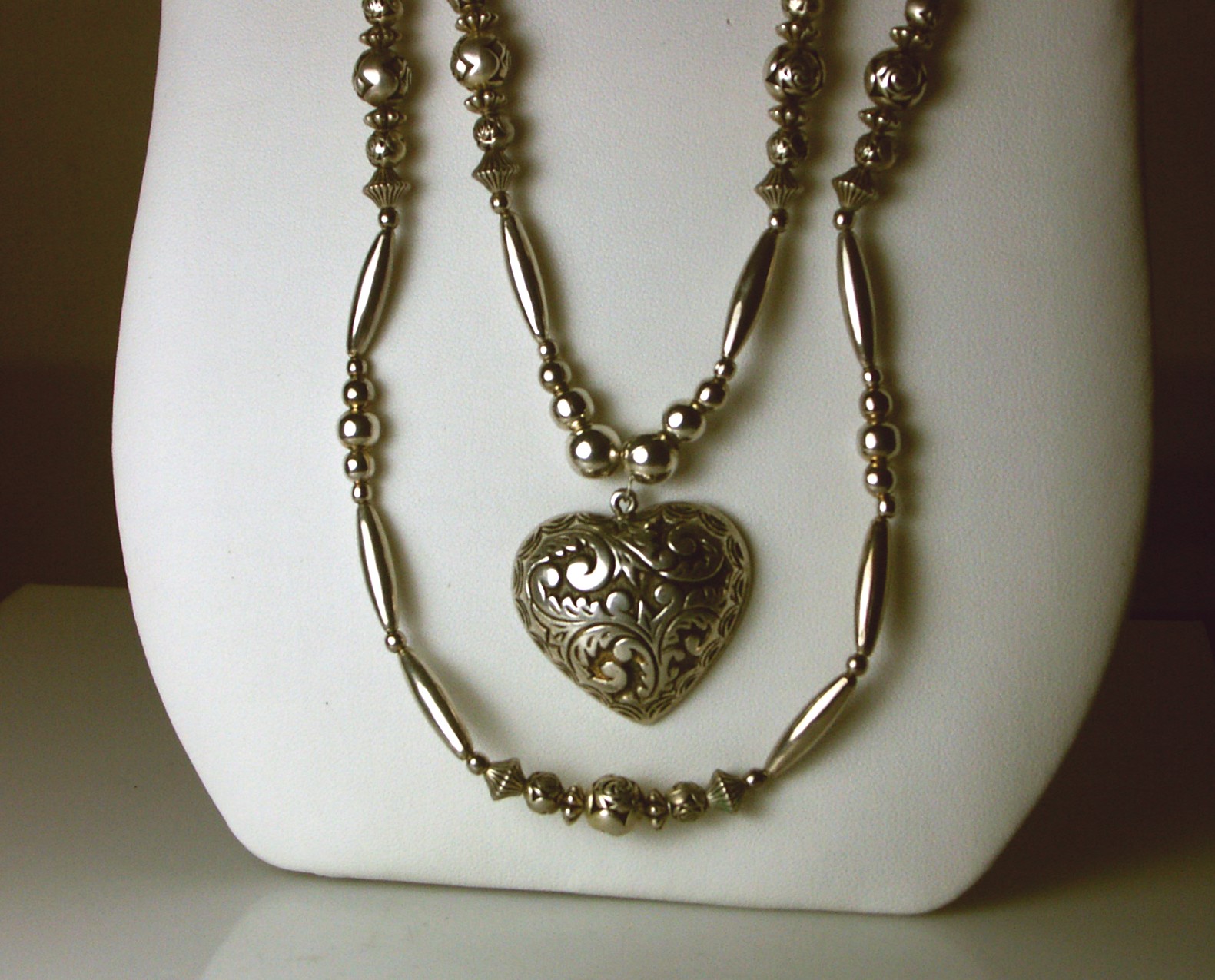 Silver-Tone Filigree Heart Pendant on Beaded Necklace w/ Bracelet
