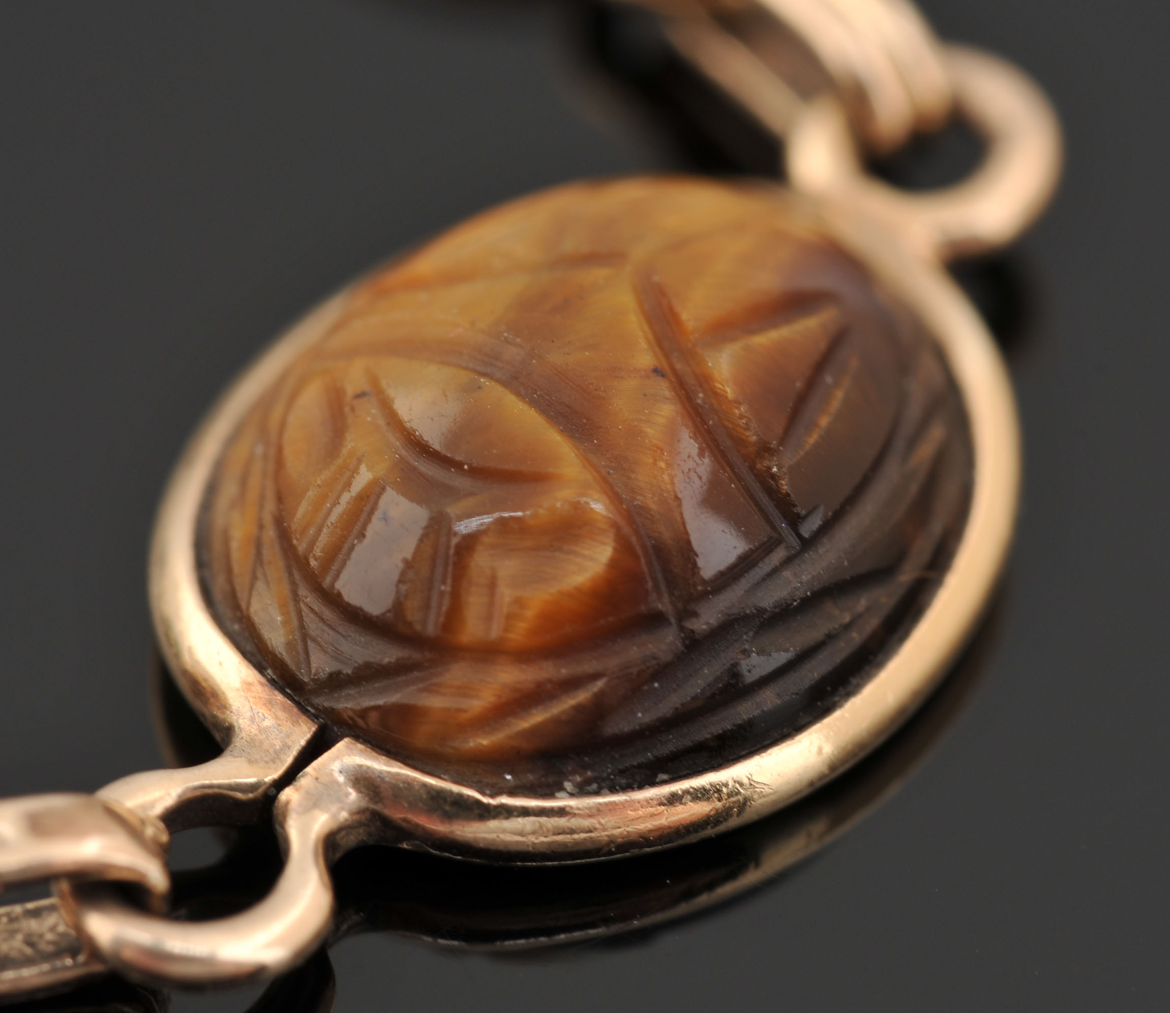 14 K Yellow Gold Multi-Color Carved Stone Scarab Bracelet