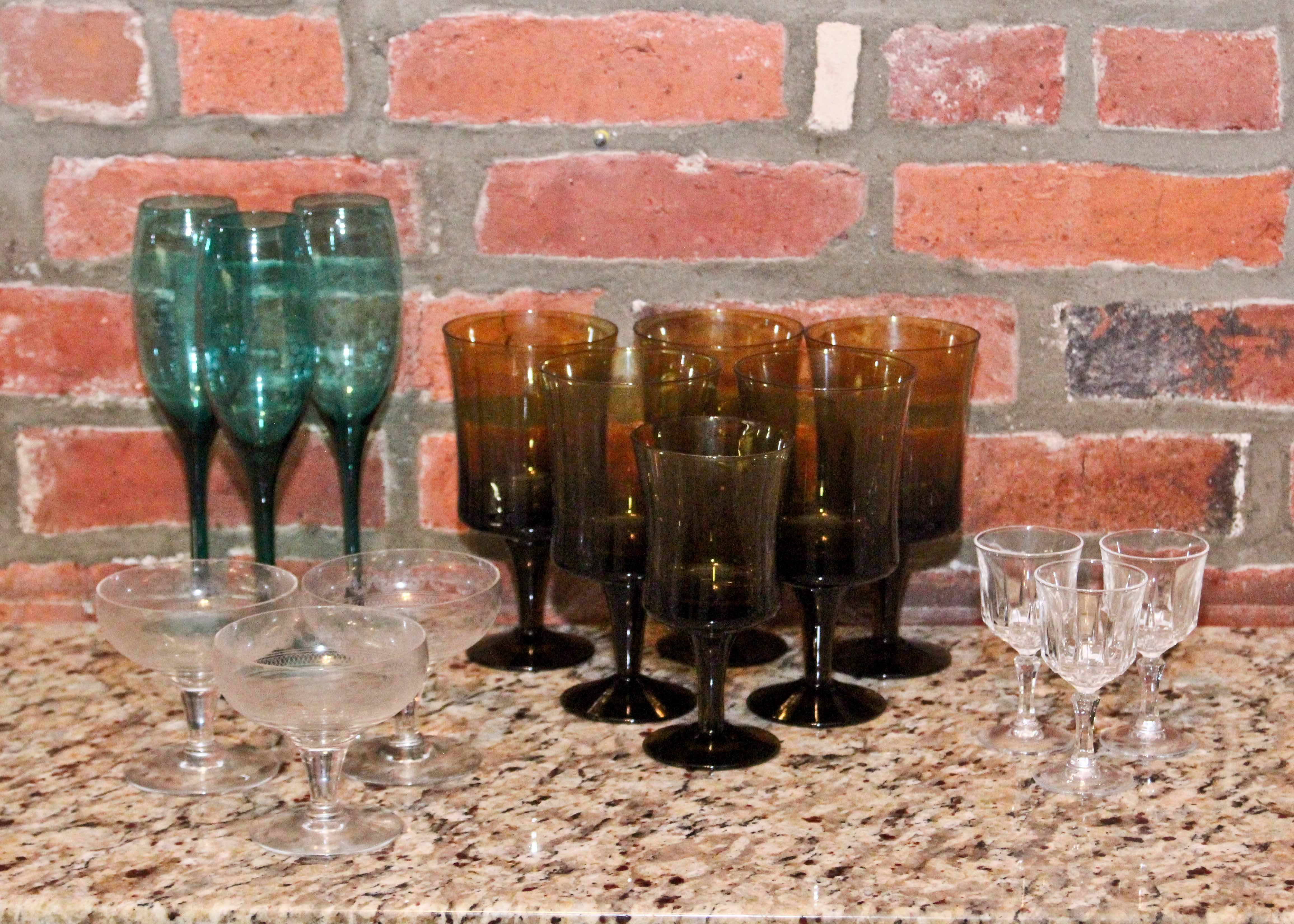 Green Champagne Flutes, Etched Glass and Crystal Cordial Glasses
