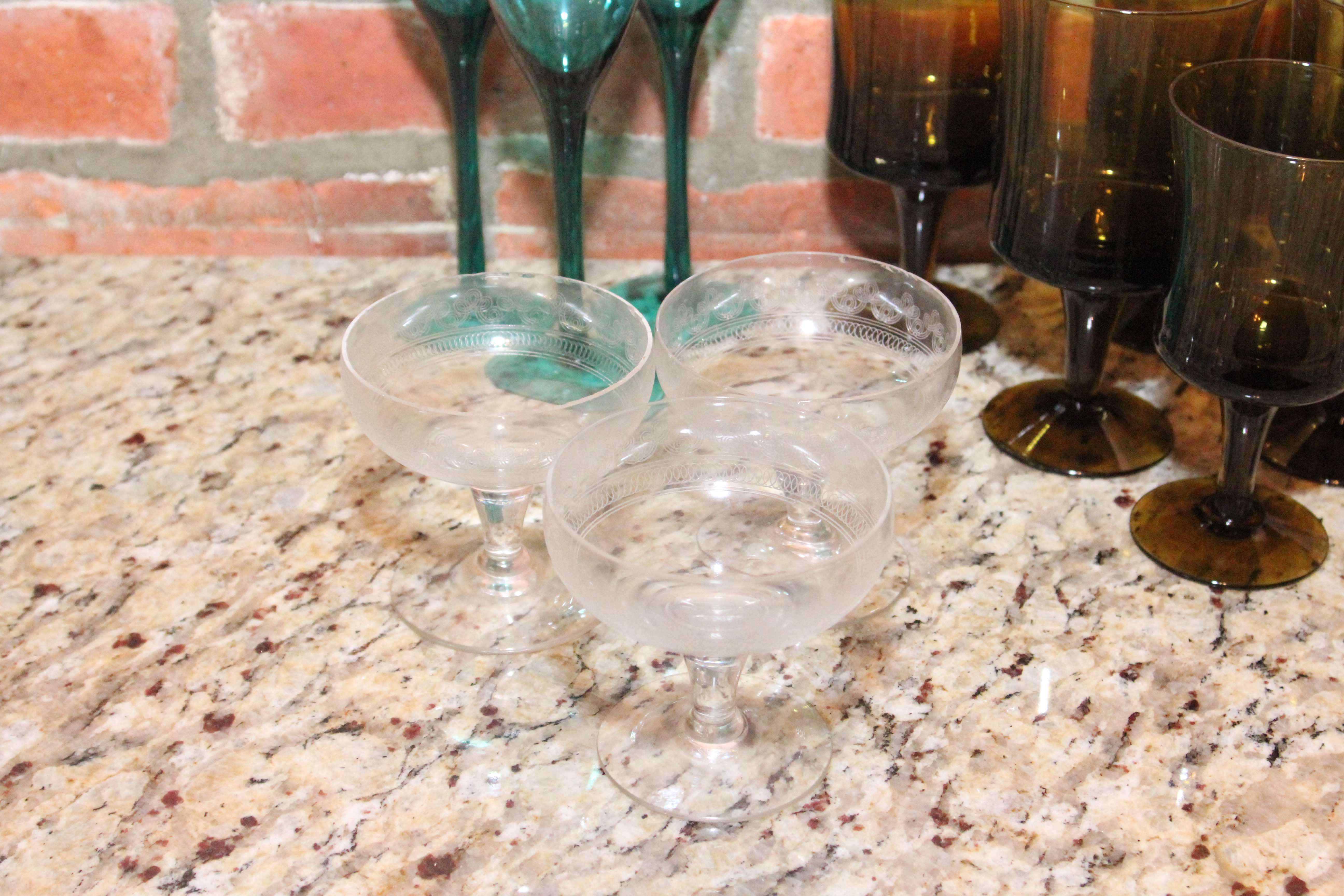 Green Champagne Flutes, Etched Glass and Crystal Cordial Glasses