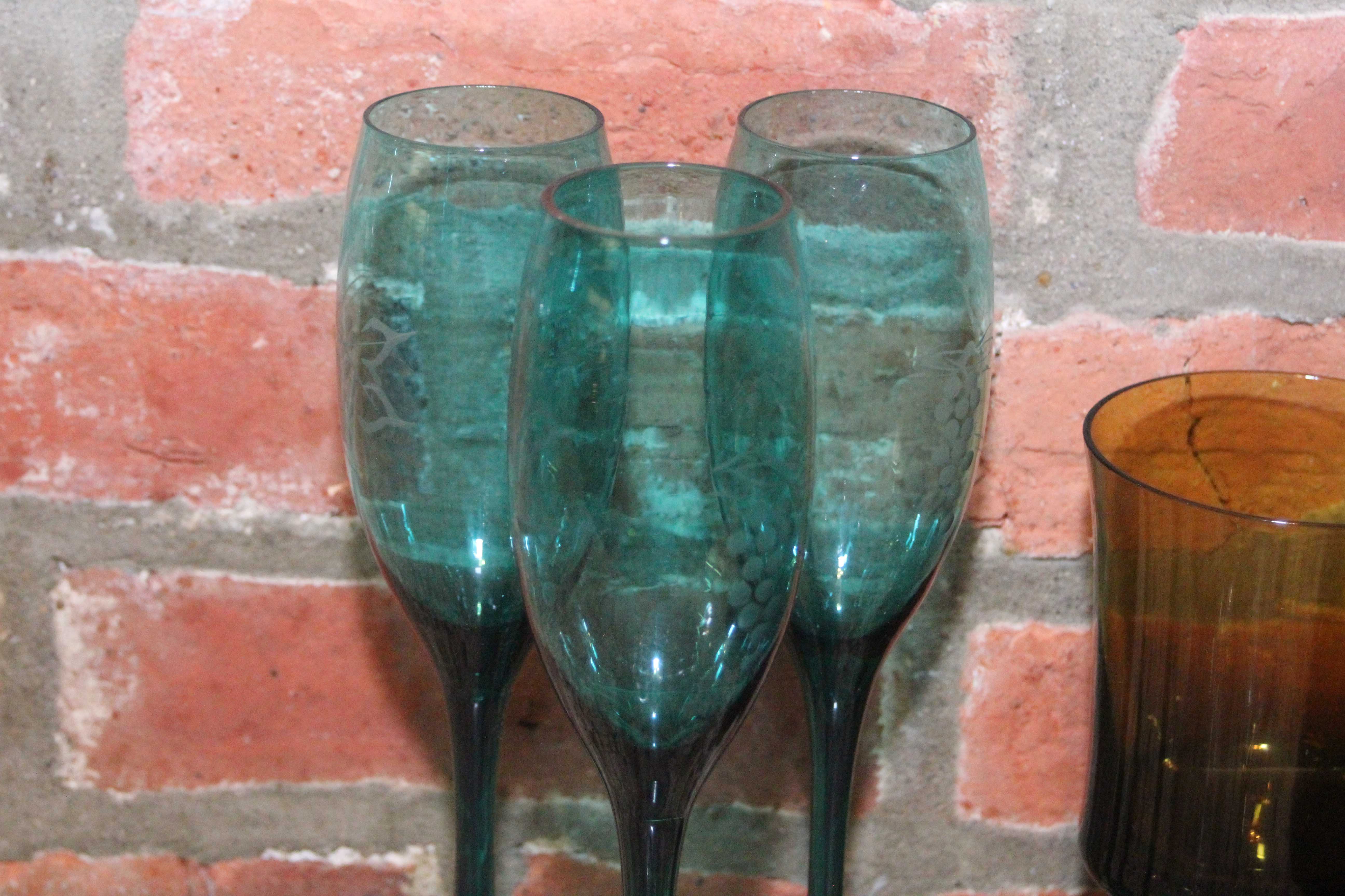 Green Champagne Flutes, Etched Glass and Crystal Cordial Glasses
