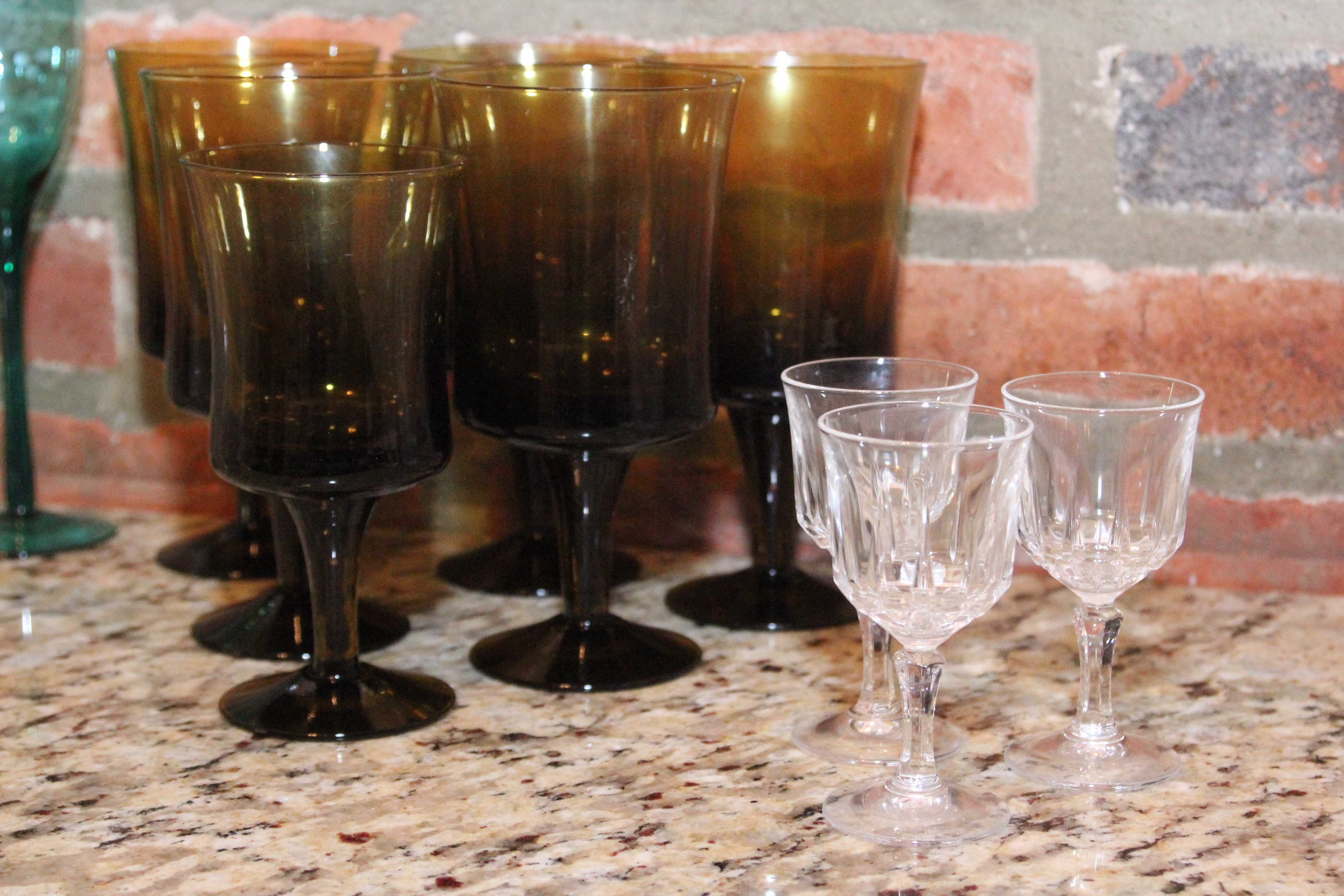 Green Champagne Flutes, Etched Glass and Crystal Cordial Glasses